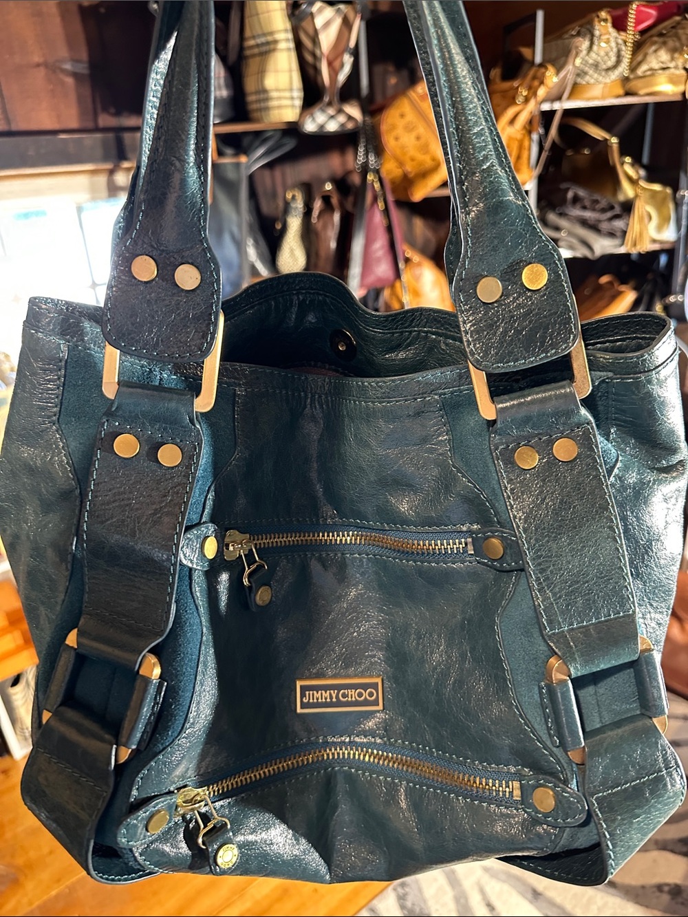 Jimmy Choo Teal Leather Shoulder Bag with Gold Hardware